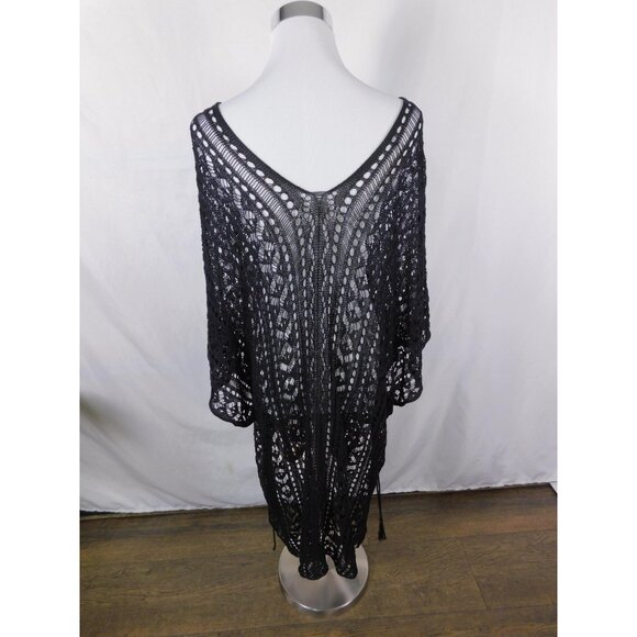 Crochet Poncho Womens One Size Black Boho Open Knit Tassel Hem Cover Up Beach - Picture 6 of 11